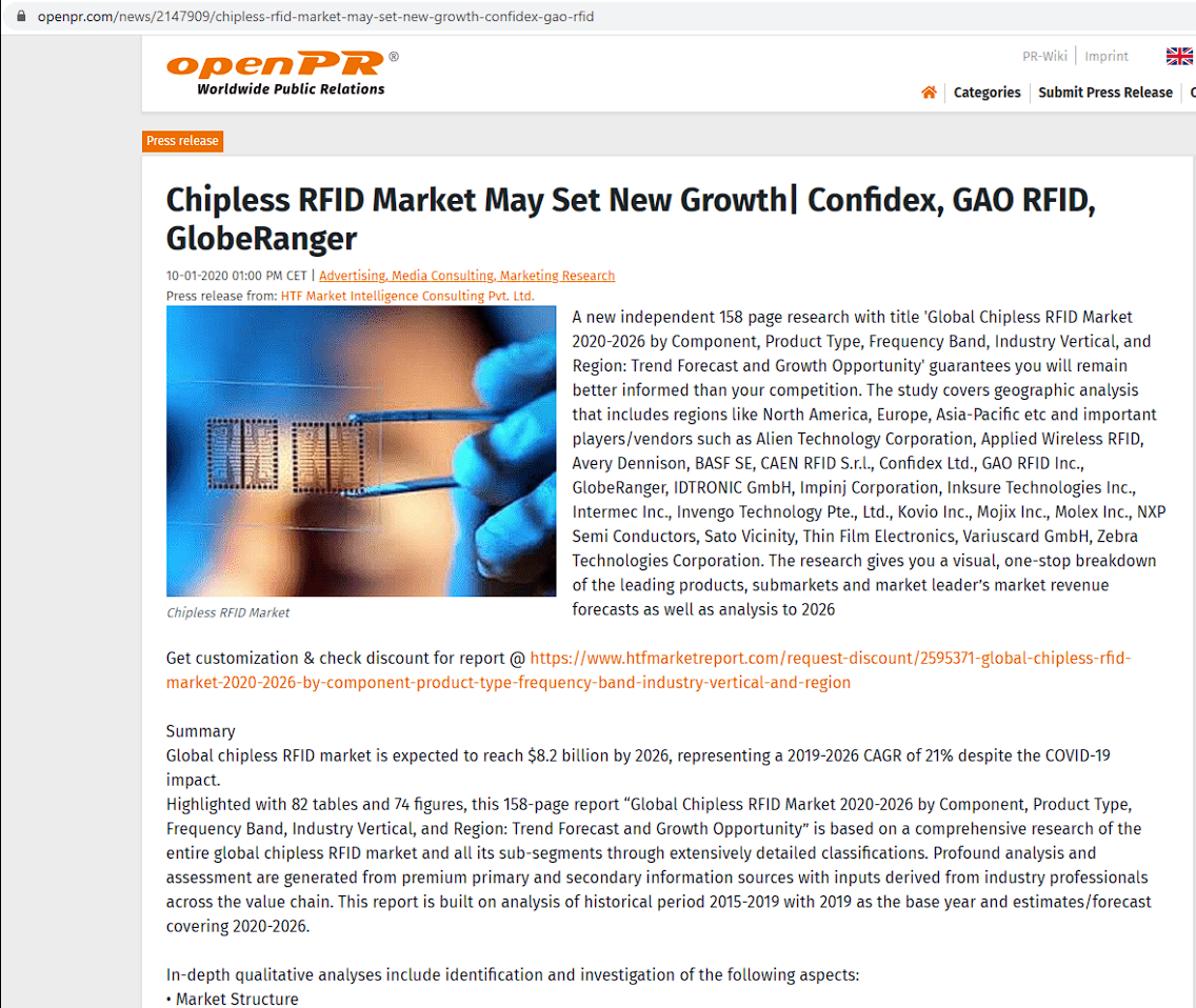 无芯片 RFID 市场可能带来新的增长 | Confidex，GAO RFID，GloberRanger