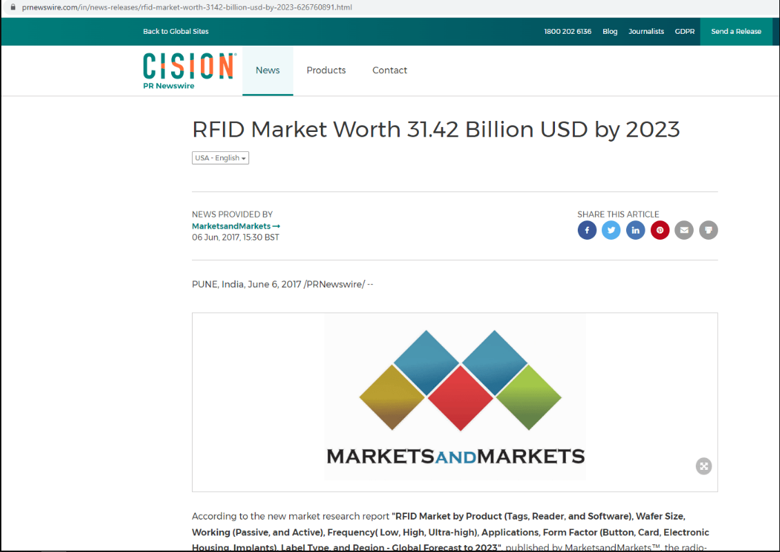 到2023年，RFID市场价值314.2亿美元