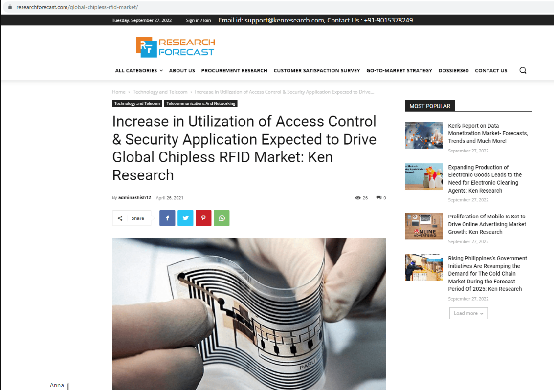 访问控制和安全应用利用率的提高有望推动全球无芯片RFID市场：Ken Research