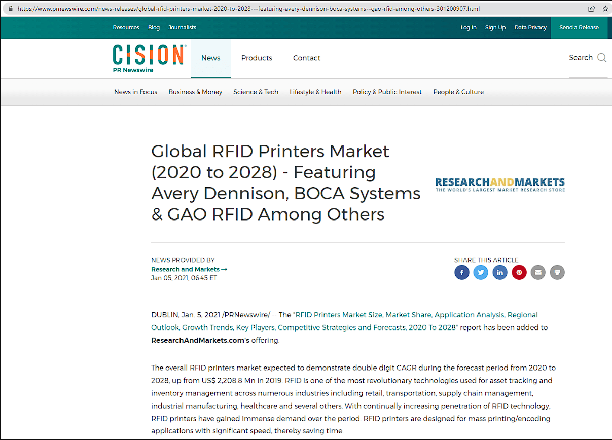 全球 RFID 打印机市场(2020-2028)-以艾弗里丹尼森、 BOCA 系统和 GAO RFID 等为特色