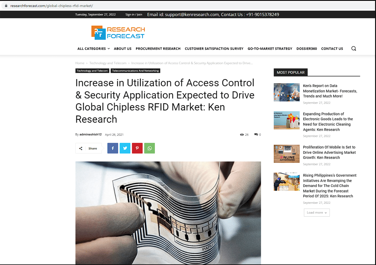 访问控制和安全应用的增加有望推动全球无芯片 RFID 市场: 肯研究
