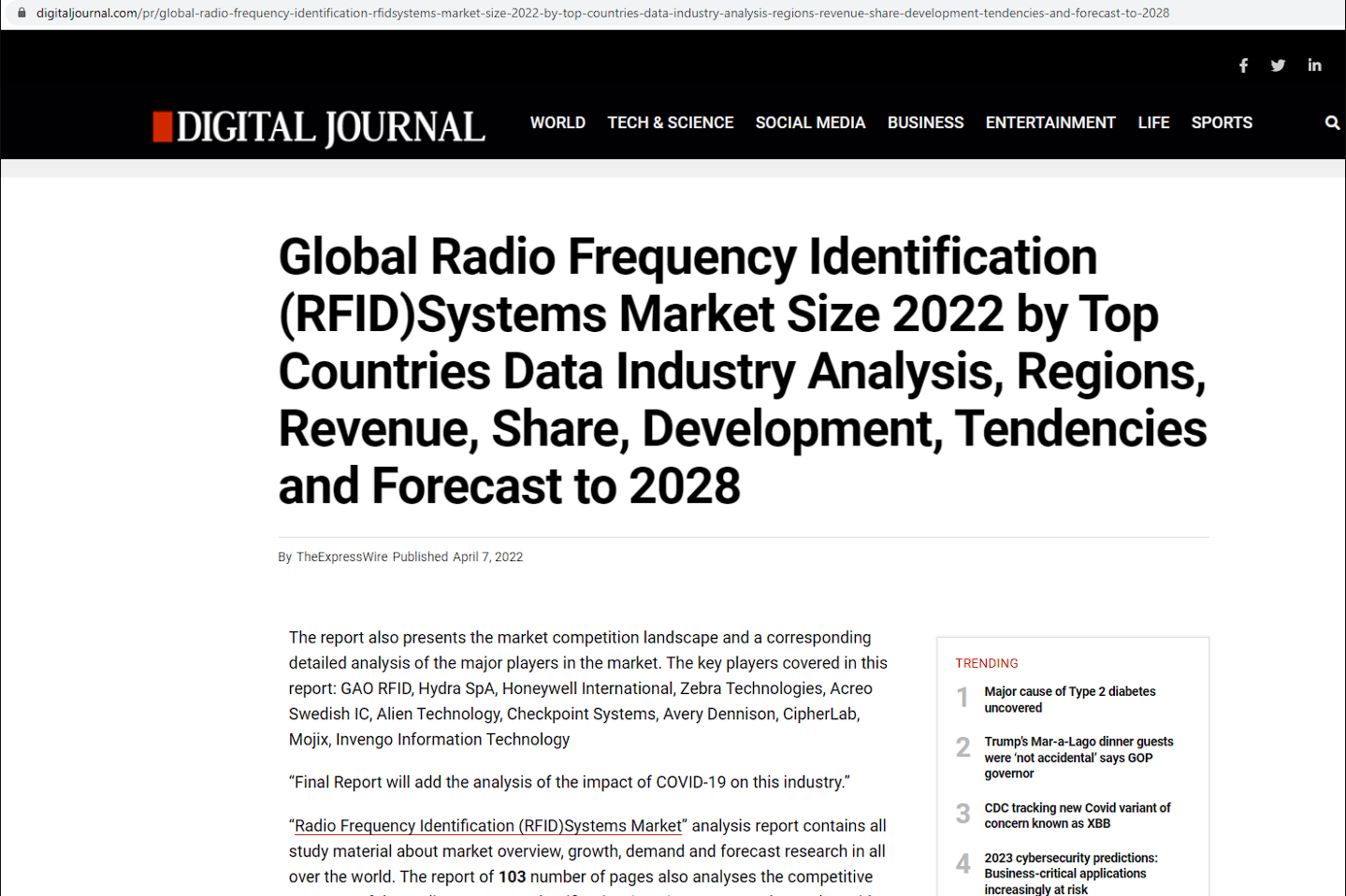 全球无线射频识别(RFID)系统市场规模2022年各国数据行业分析、地区、收入、份额、发展、趋势及对2028年的预测