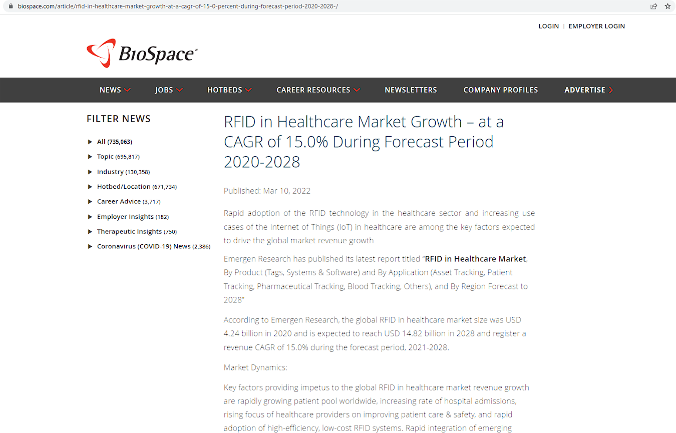 RFID 在医疗保健市场的增长 —— 预计 2020-2028 年复合年增长率为 15.0%