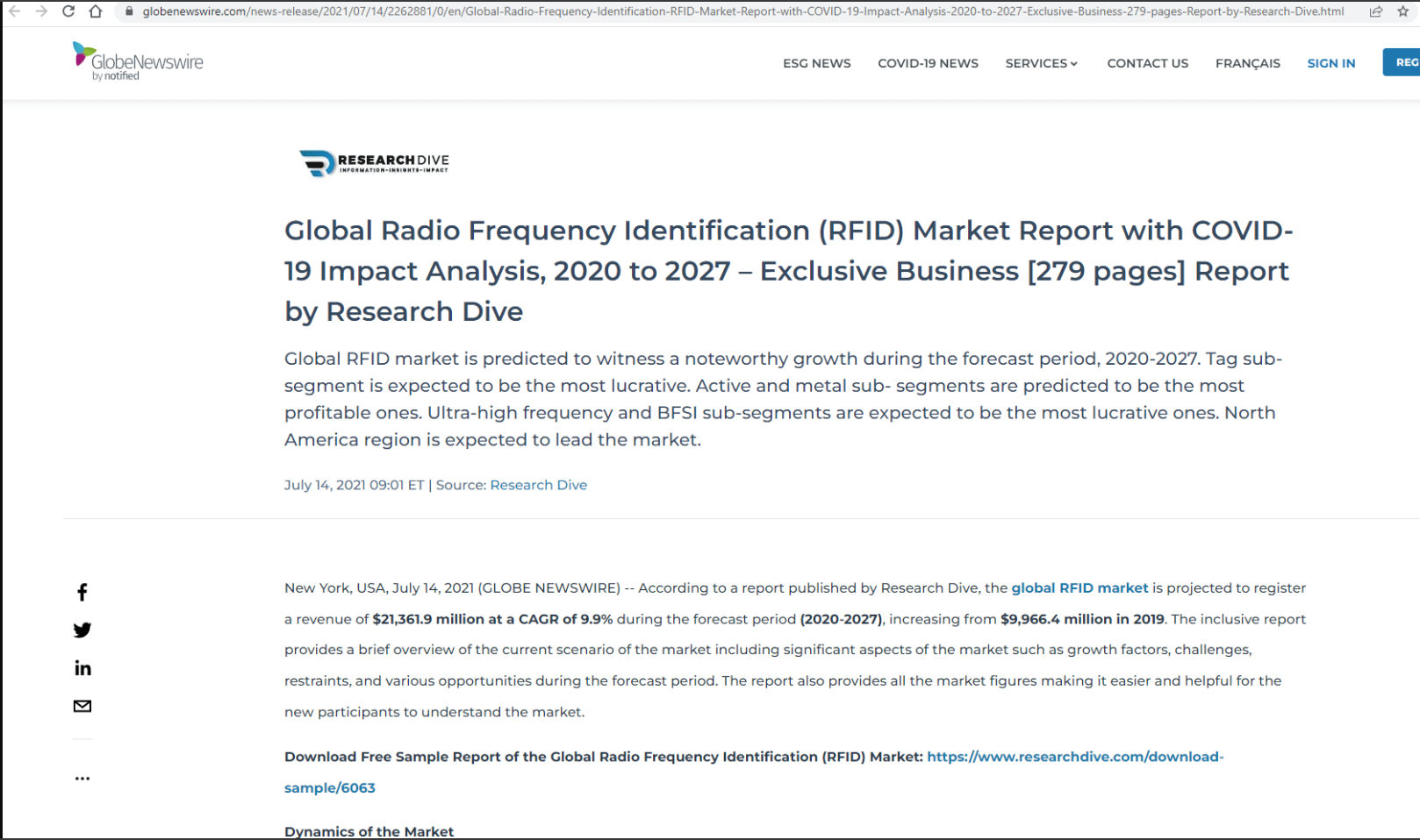 全球无线电频率识别(签)市场报告COVID-19影响分析，到2020年至2027–专属业务[279页]报告的通过研究潜水