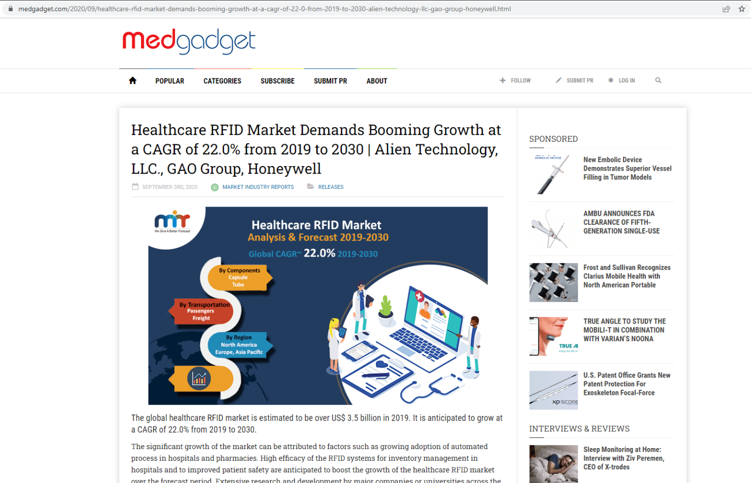 医疗保健 RFID 市场需求旺盛，2019 至 2030 年复合年增长率达 22.0% | Alien Technology LLC.、GAO Group、Honeywell
