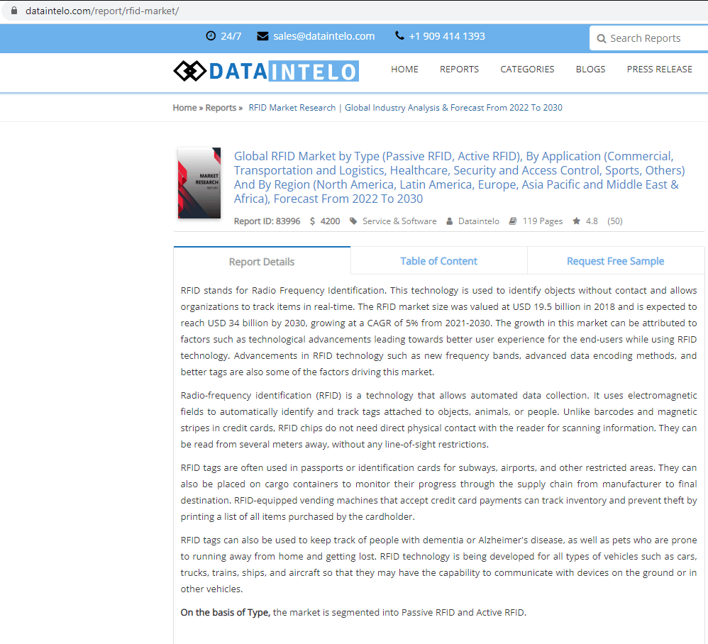 按类型（无源 RFID、有源 RFID）、应用（商业、运输和物流、医疗保健、安全和访问控制、体育及其他）和地区（北美、拉丁美洲、欧洲、亚太地区、中东和非洲）划分的全球 RFID 市场，2022 年至 2030 年预测