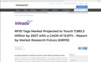 未来市场研究（MRFR）报告显示，RFID标签市场预计到2027年将达到7,982.2百万，复合年增长率为13.67%